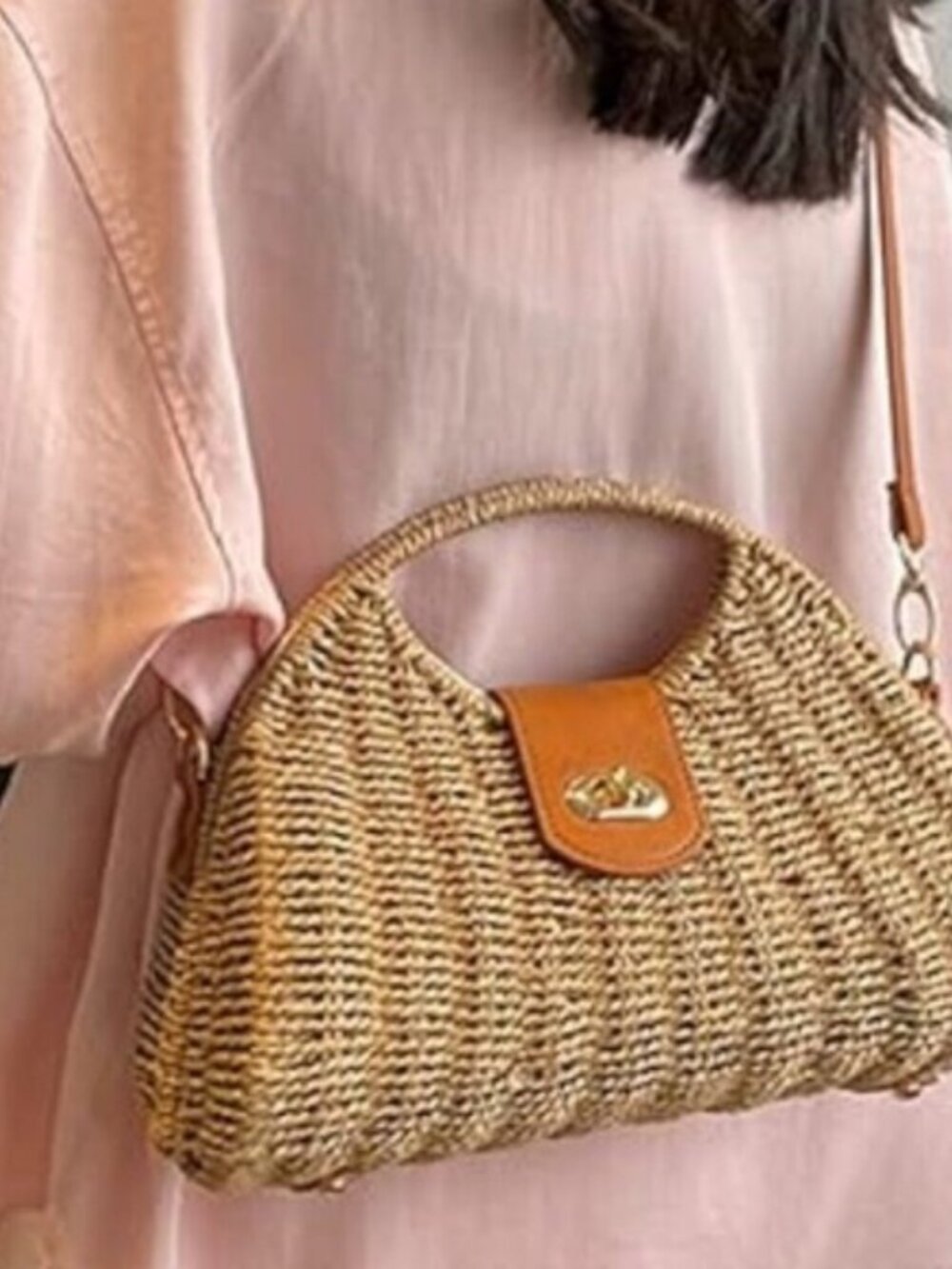Women's Straw Hand Woven Top Handle Crossbody Tote Bag Summer Beach Purse - Picture 6 of 8